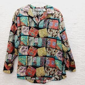 Blouse Button-Up Mosaic Colorblock Patchwork Top Y2K Whimsycore Festival Size M